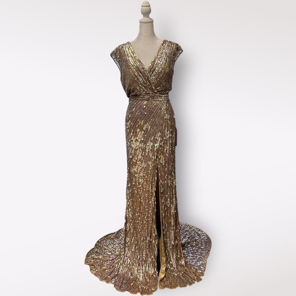 Mac Duggal Gold Sequin Cap Sleeve Gown 3785M Size 14 Long Formal Gown NWT‎